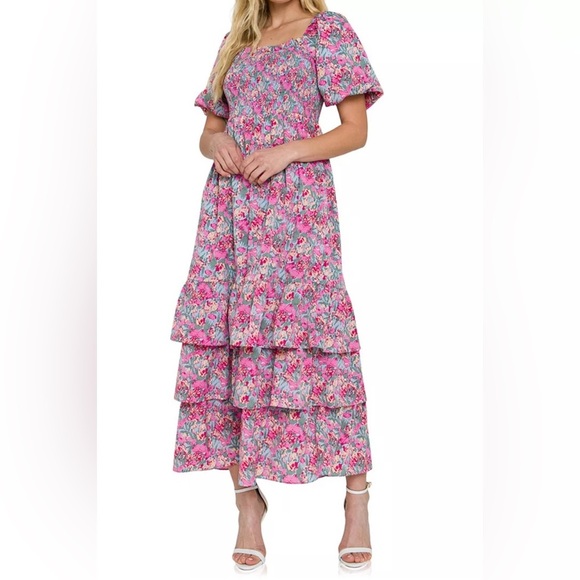 English Factory Dresses & Skirts - English Factory Pink Floral Smocked Tiered Ruffle Maxi Dress Size S EUC